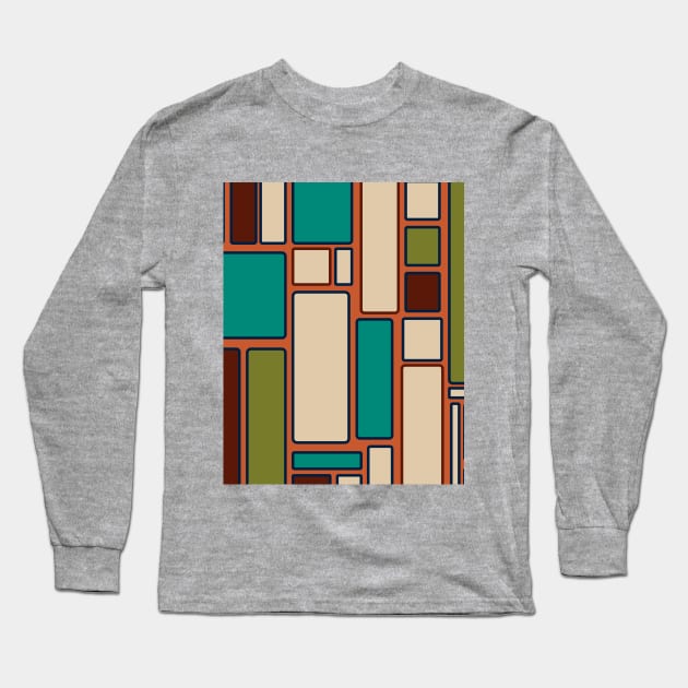 Modulus Retro Geometric Framed Pattern in Midcentury Modern Beige Teal Orange Rust Olive Long Sleeve T-Shirt by KierkegaardDesignStudio